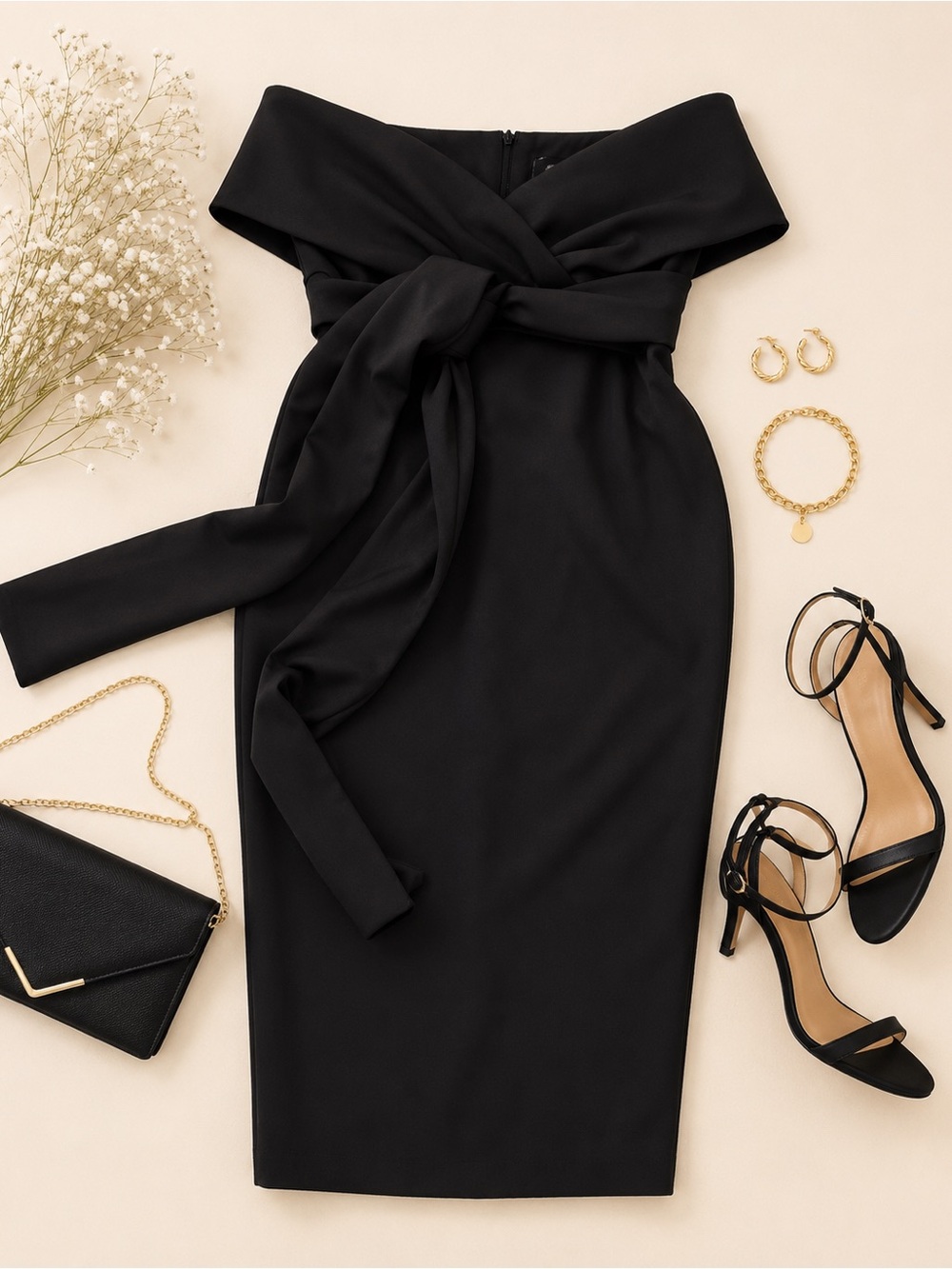 ASOS DESIGN Black Off Shoulder Bow Midi Dress US 8 Cocktail Wedding Guest